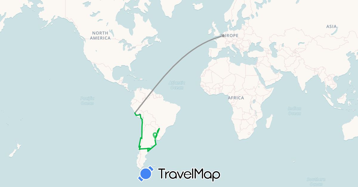 TravelMap itinerary: bus, plane, cycling, train, hiking, hitchhiking in Argentina, Chile, Peru (South America)